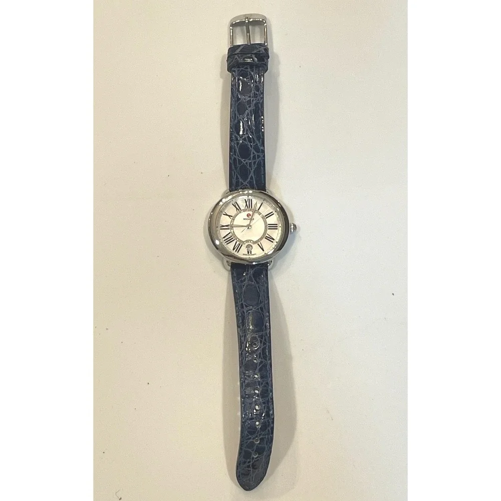 Michele Serein Mid Diamond‎ Mother of Pearl Watch Blue Crocodile Strap